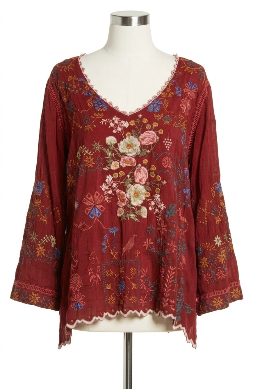 NEW JOHNNY WAS canterie long sleeve blouse in garnet